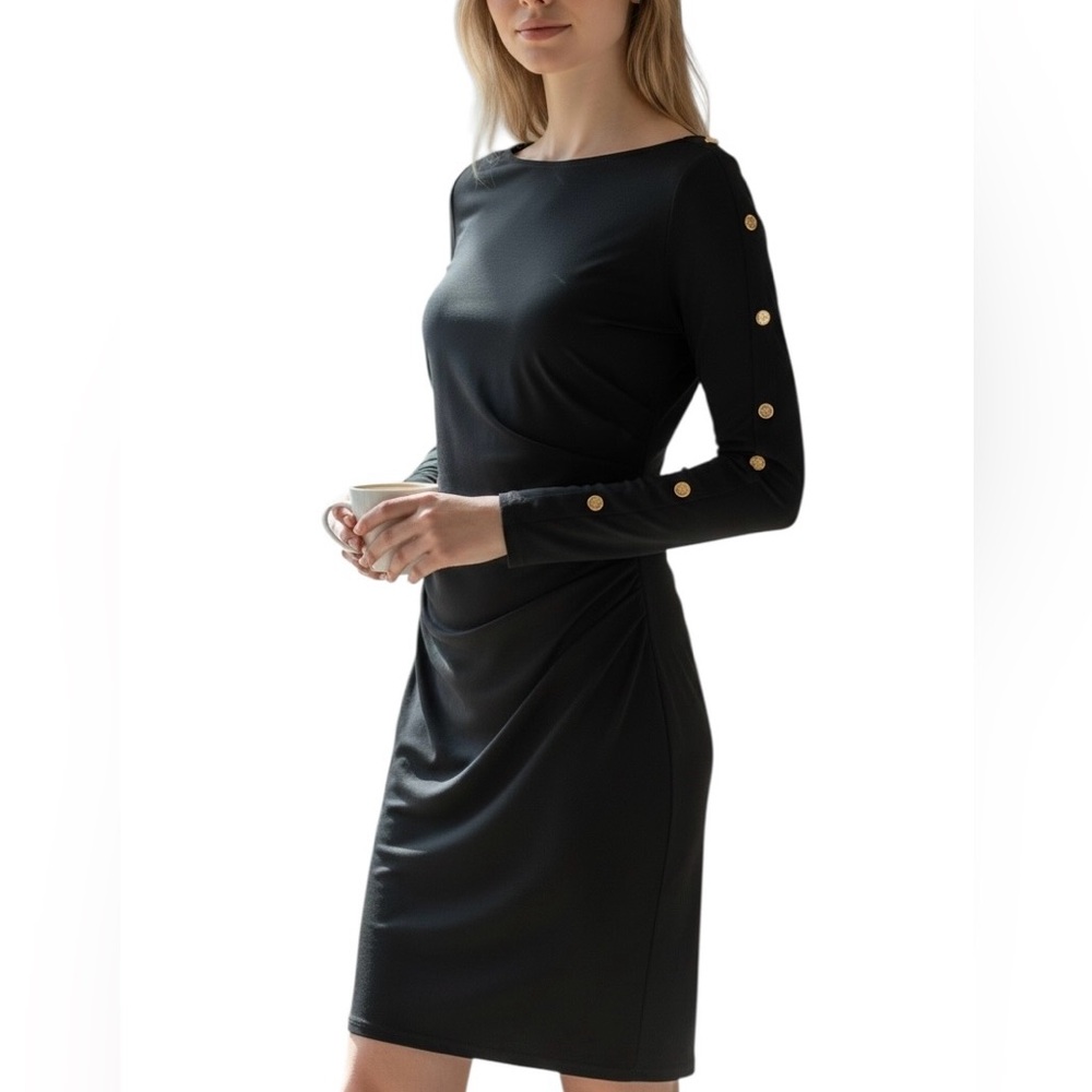 Lauren Ralph Lauren Slimming Blk Ruched Knee Lgth ButtonSleeve Detail Drees Sz 2 - Picture 10 of 10